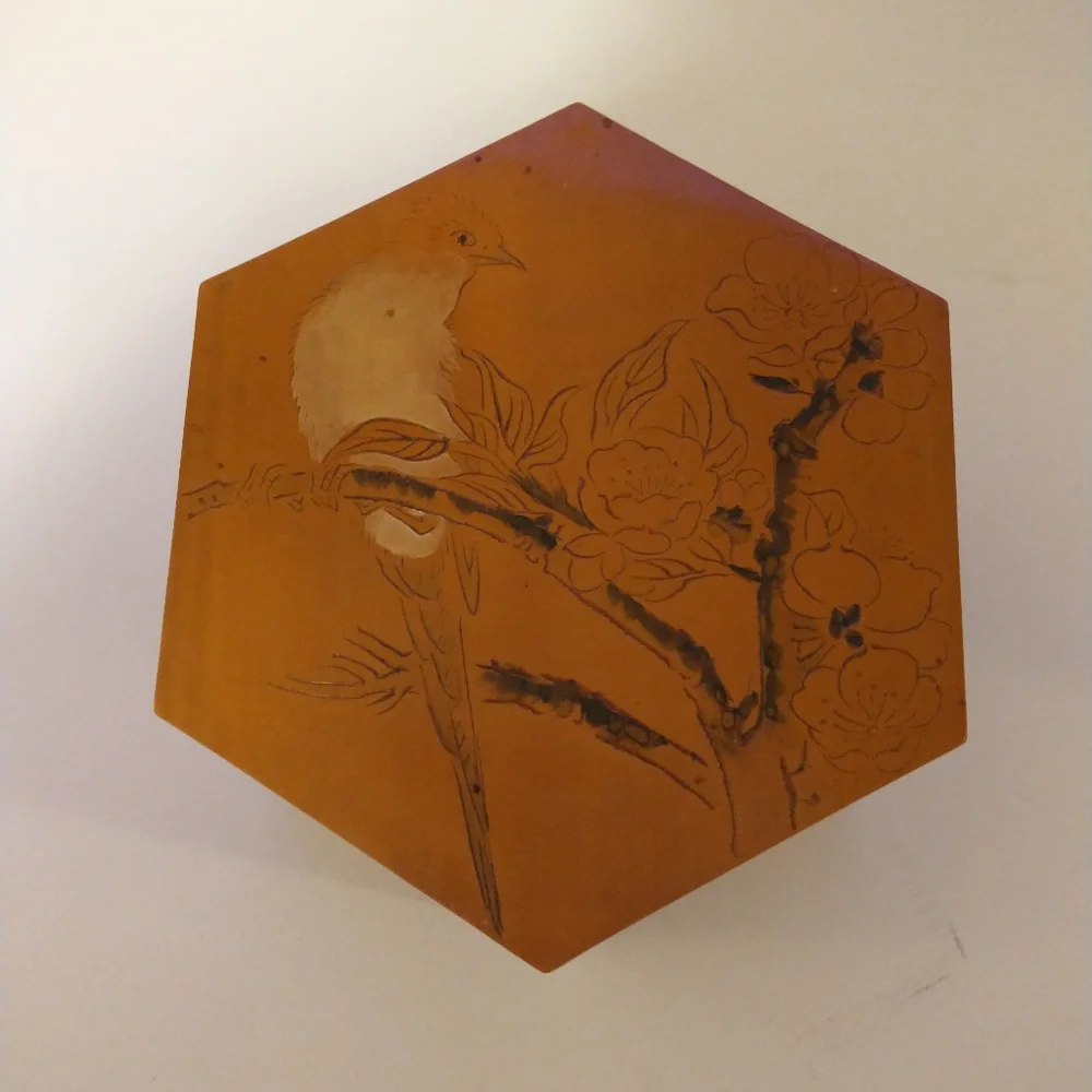Vintage Chinese bamboo nesting hexagon boxes birds mid-century Asian Set Of 3